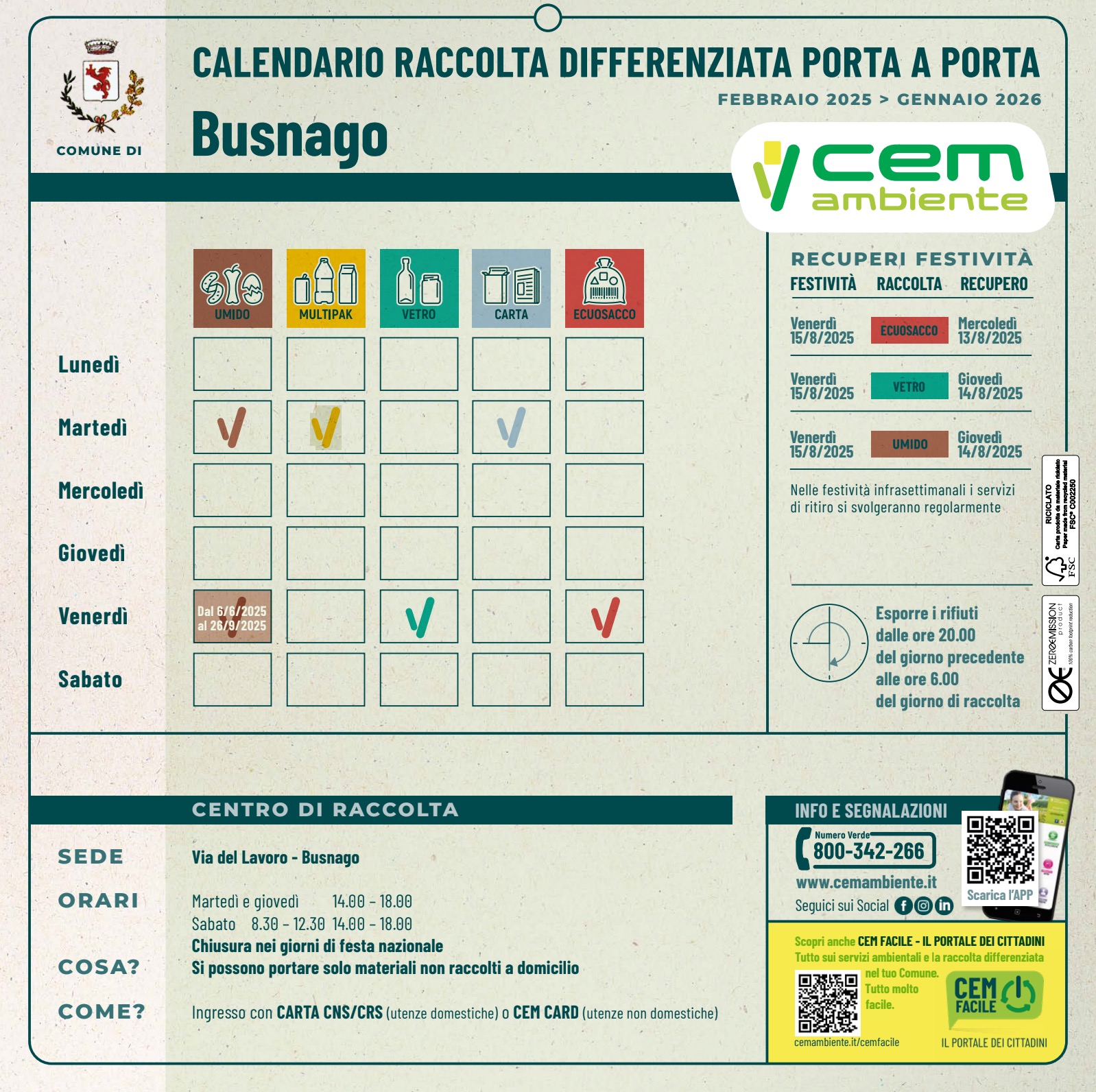 Calendario raccolta differenziata porta a porta - febbraio 2025>gennaio 2026